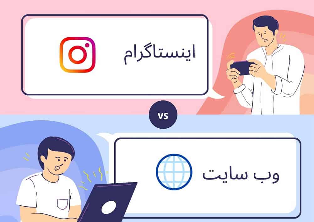 فردی گوشی تلفن همراه در دست دارد و کنار آن نماد و کلمه اینستاگرام قرار دارد و فردی در حال کار با لپتاپ است و در کنار آن نماد و کلمه وب سایت وجود دارد